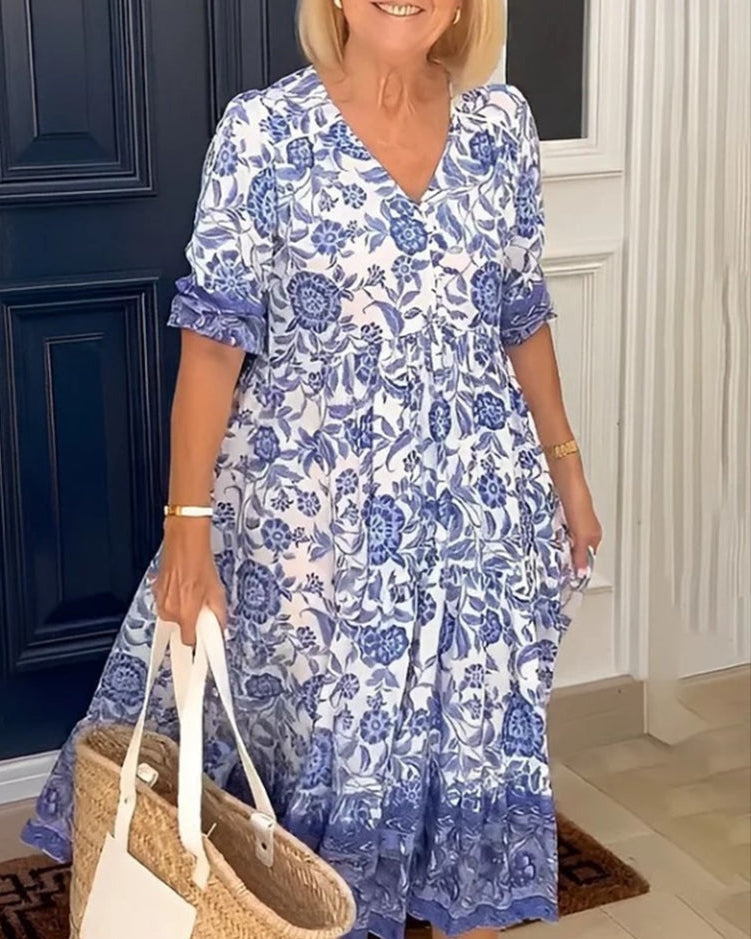 Women's Elegant Floral Dress with V-Neck