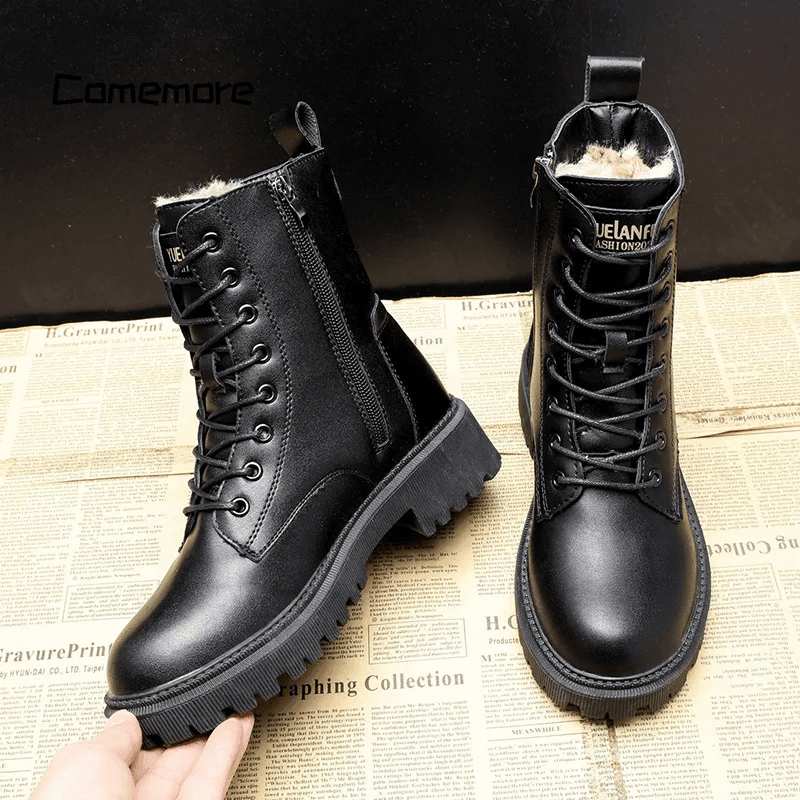 Women's Black Leather Warm Boots