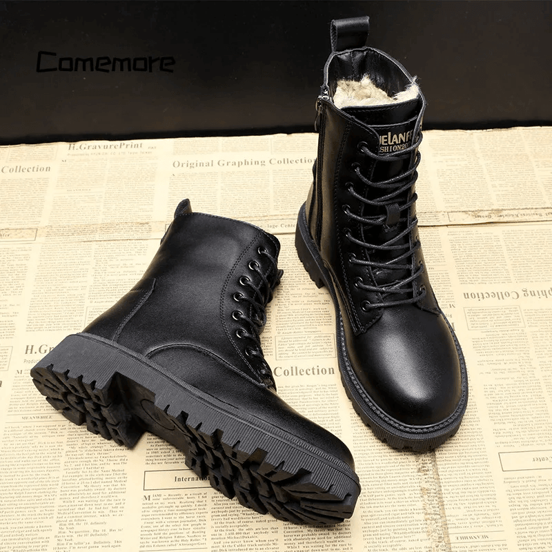 Women's Black Leather Warm Boots