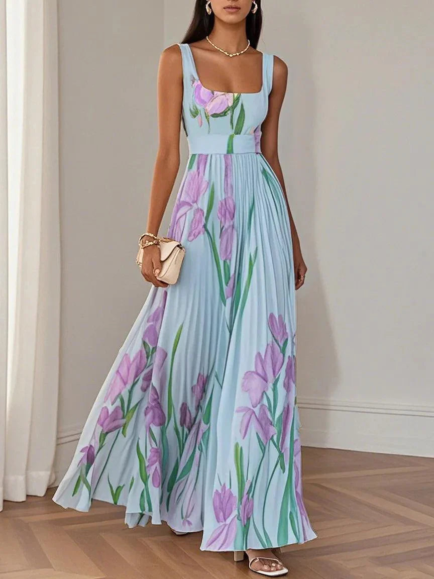Women's White Pleated Floral Maxi Dress