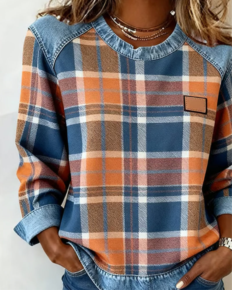Women's Sweatshirt with Checkered Patchwork