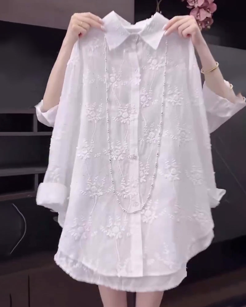 Women's Floral Solid Color Shirt with Dropped Shoulders