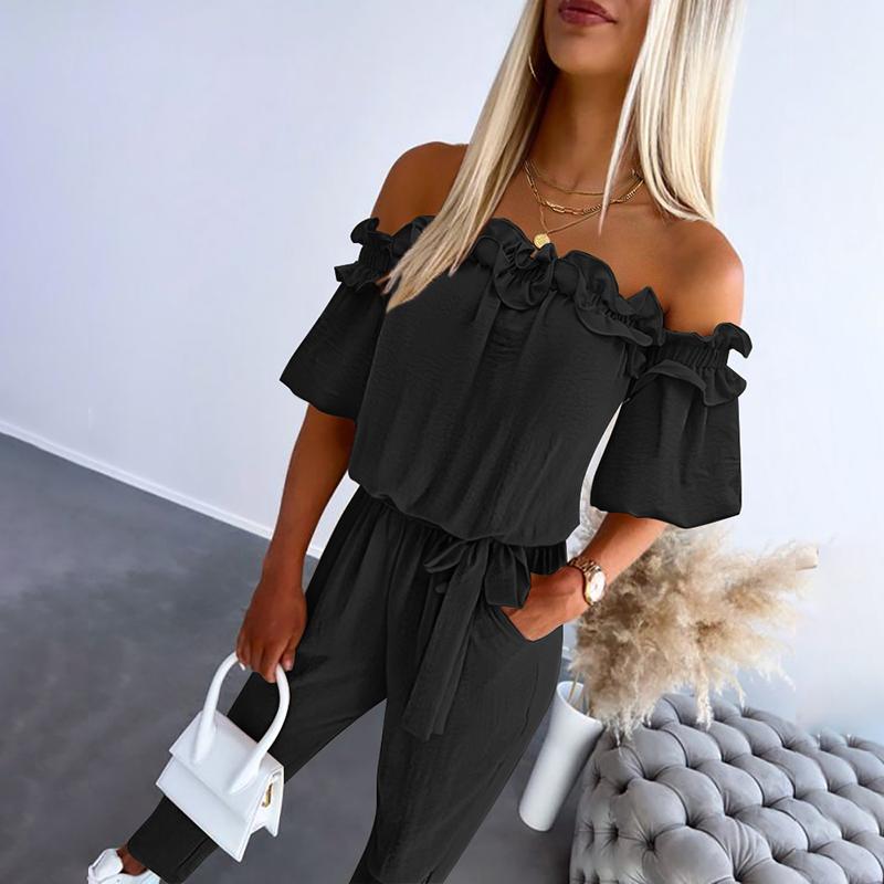 Women's Chic Off Shoulder Frill Tie-Waist Jumpsuit