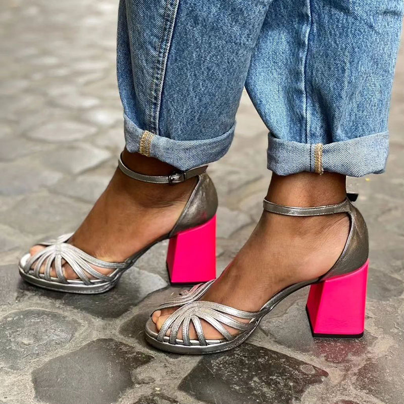 Women's Colorful Shiny Sandals with Buckle and Thick Heel