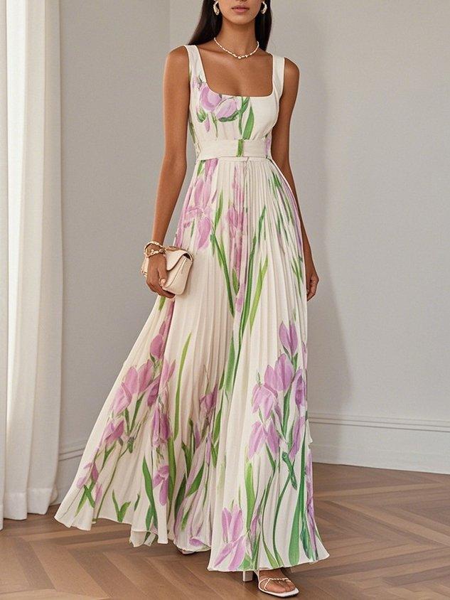 Women's White Pleated Floral Maxi Dress
