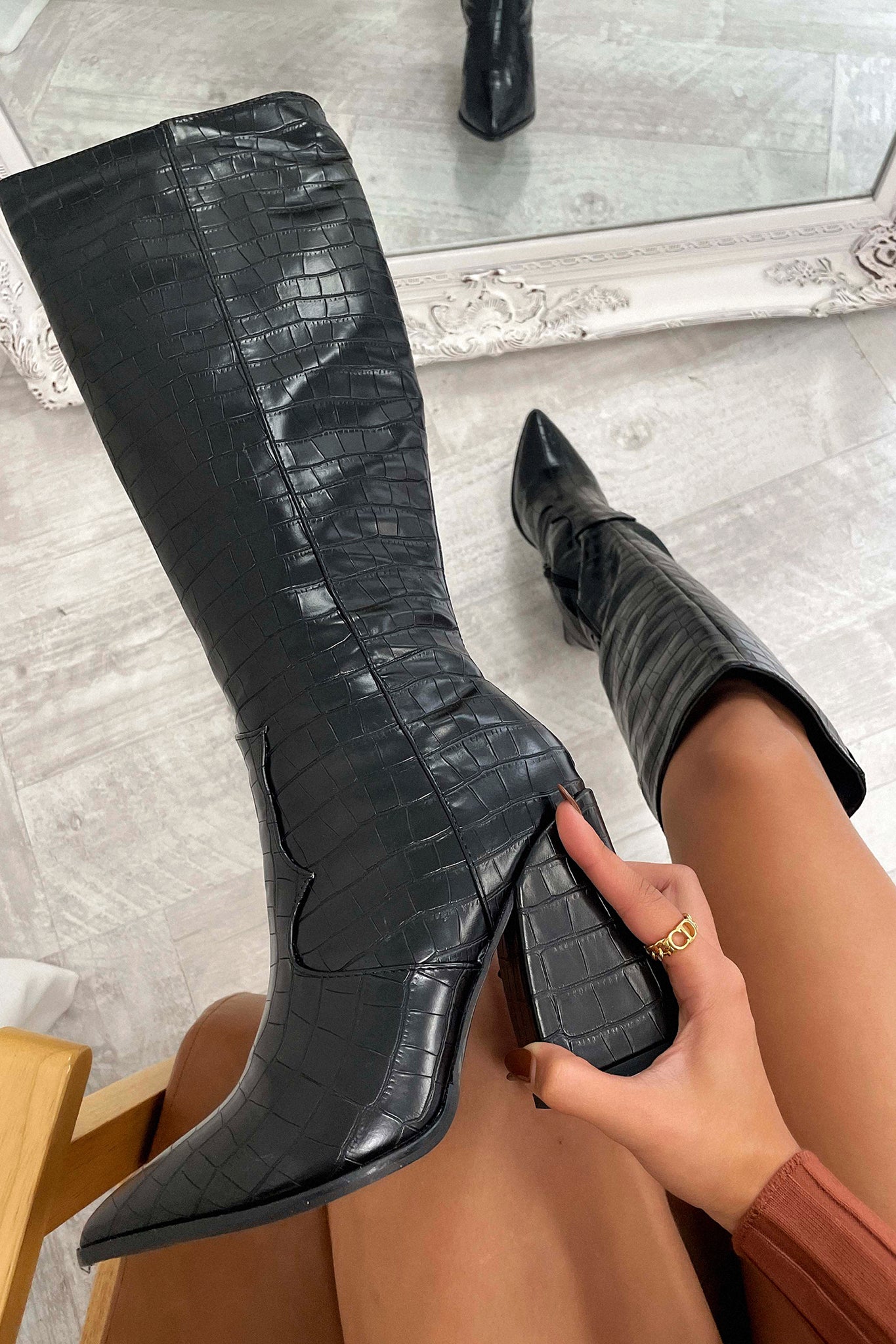 Women's Black Croc Knee-High Boots
