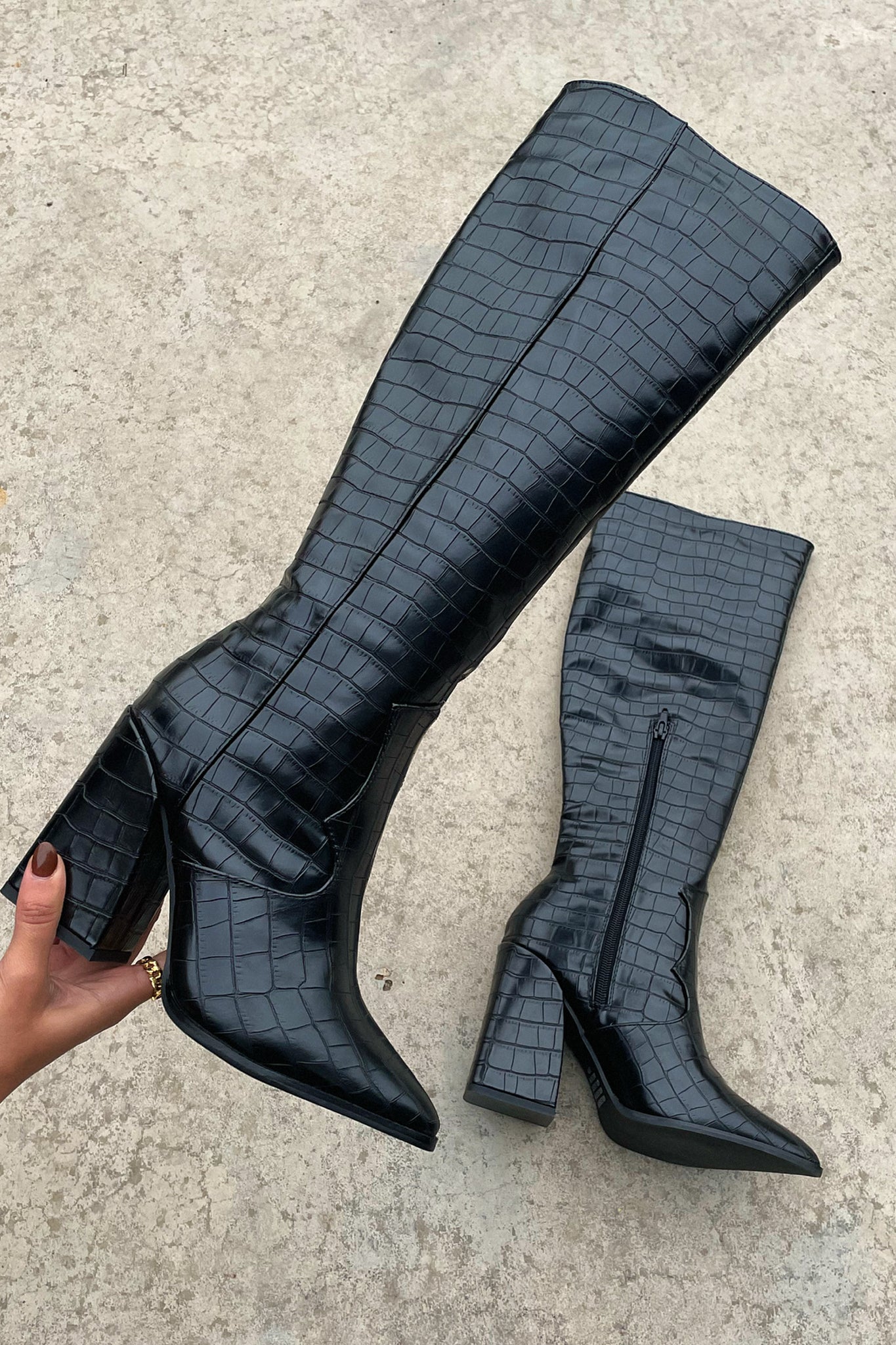 Women's Black Croc Knee-High Boots