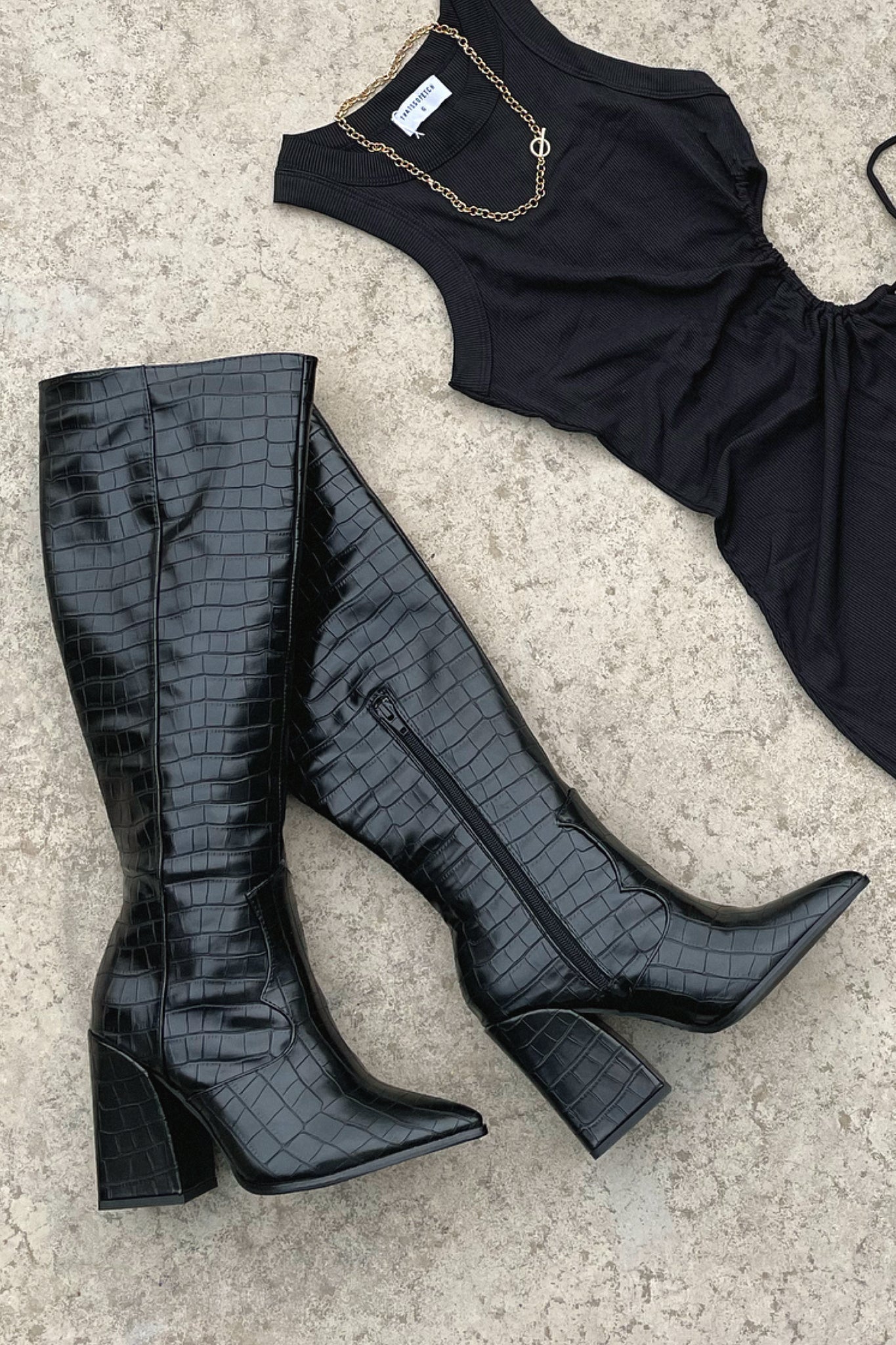 Women's Black Croc Knee-High Boots