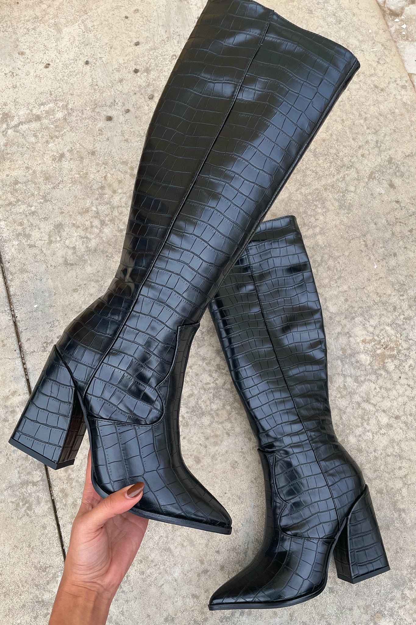 Women's Black Croc Knee-High Boots