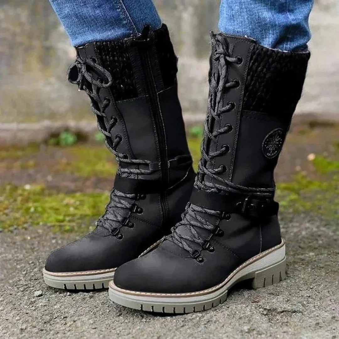 Women’s Knee-High Boots – Lace-Up Front – Wool Cuff