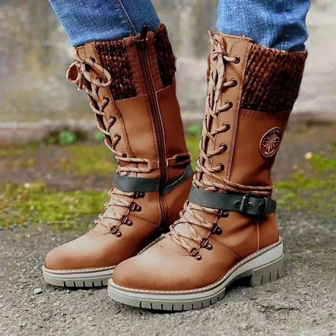 Women’s Knee-High Boots – Lace-Up Front – Wool Cuff