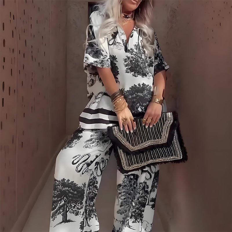 Women's Printed V-Neck Top & Long Pants Set
