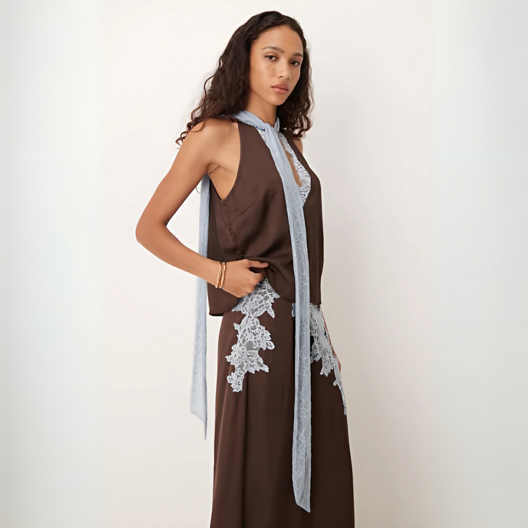 Women's Elegant Lace Panel Top & Skirt Set