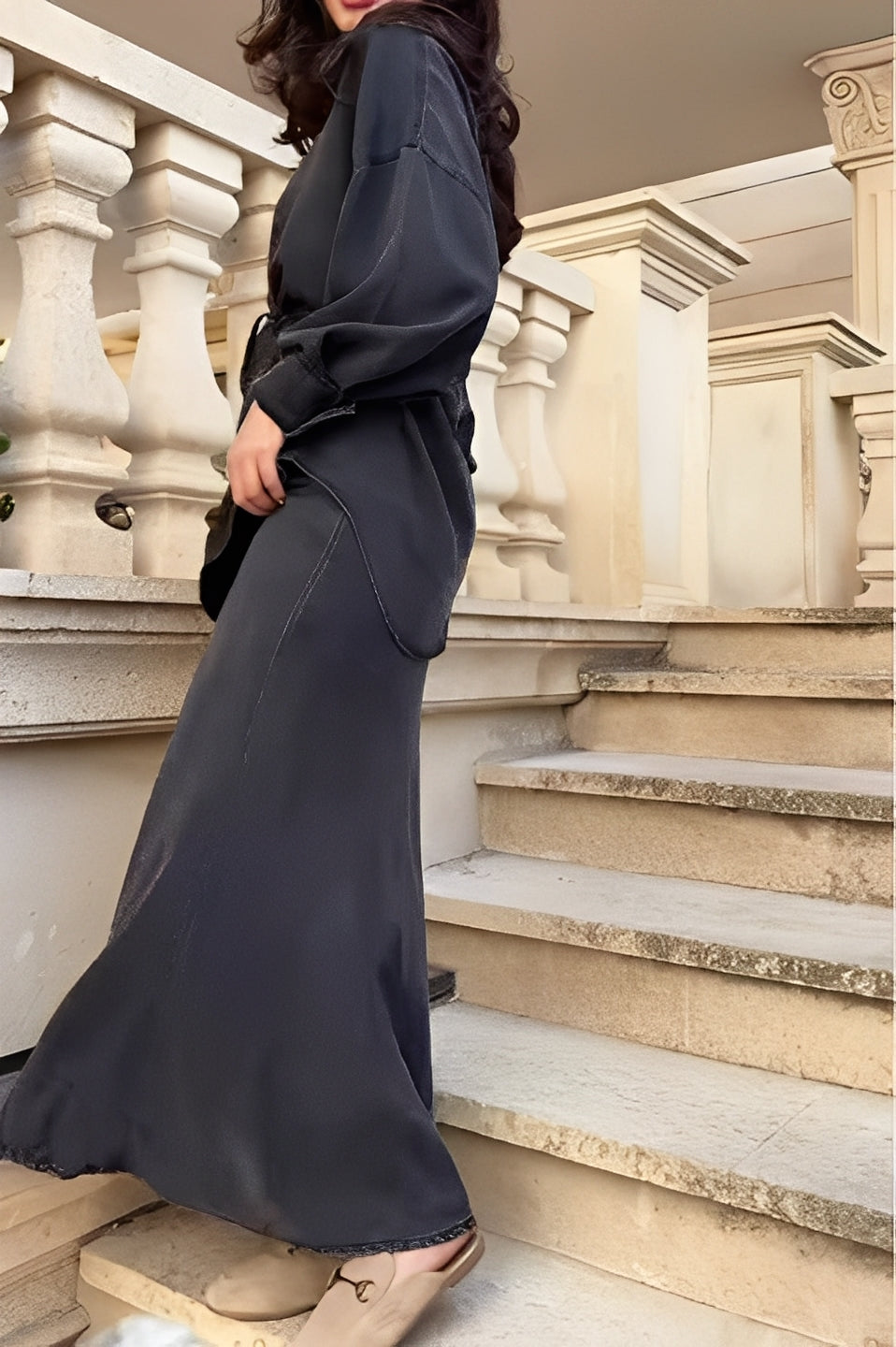 Women's Long-sleeved Tie-Drawstring Shirt and Skirt Set