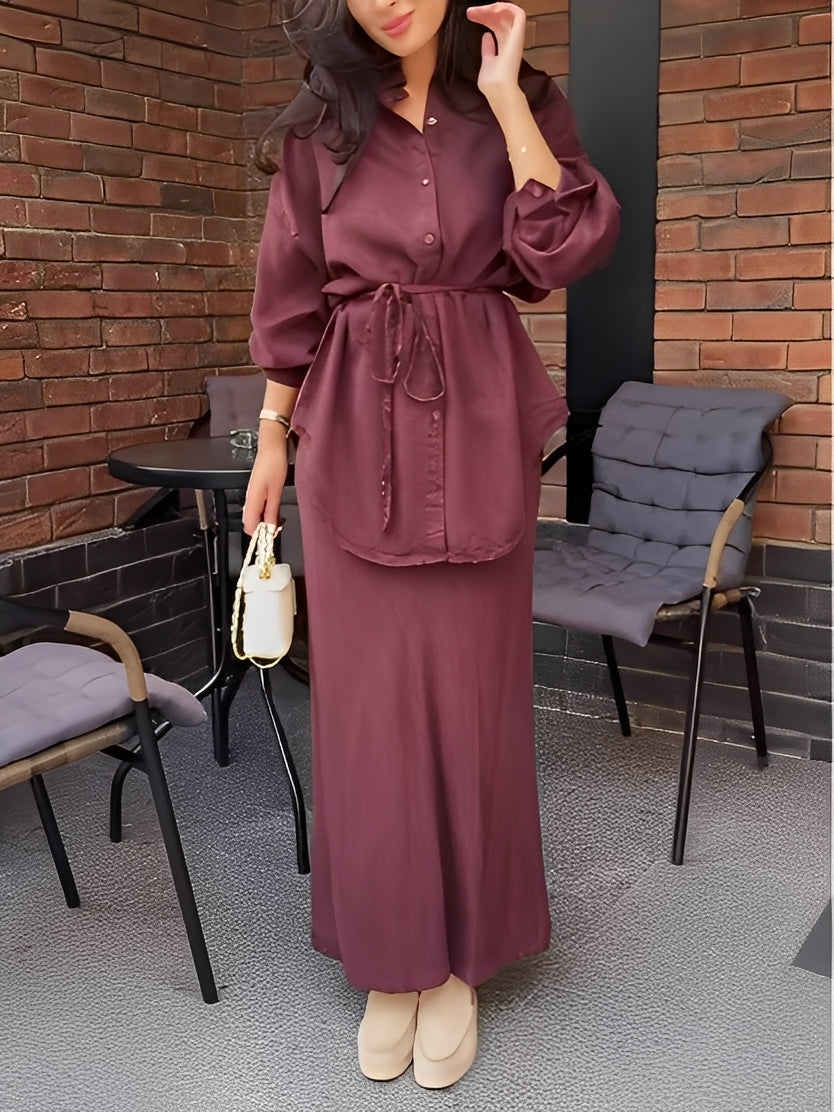 Women's Long-sleeved Tie-Drawstring Shirt and Skirt Set