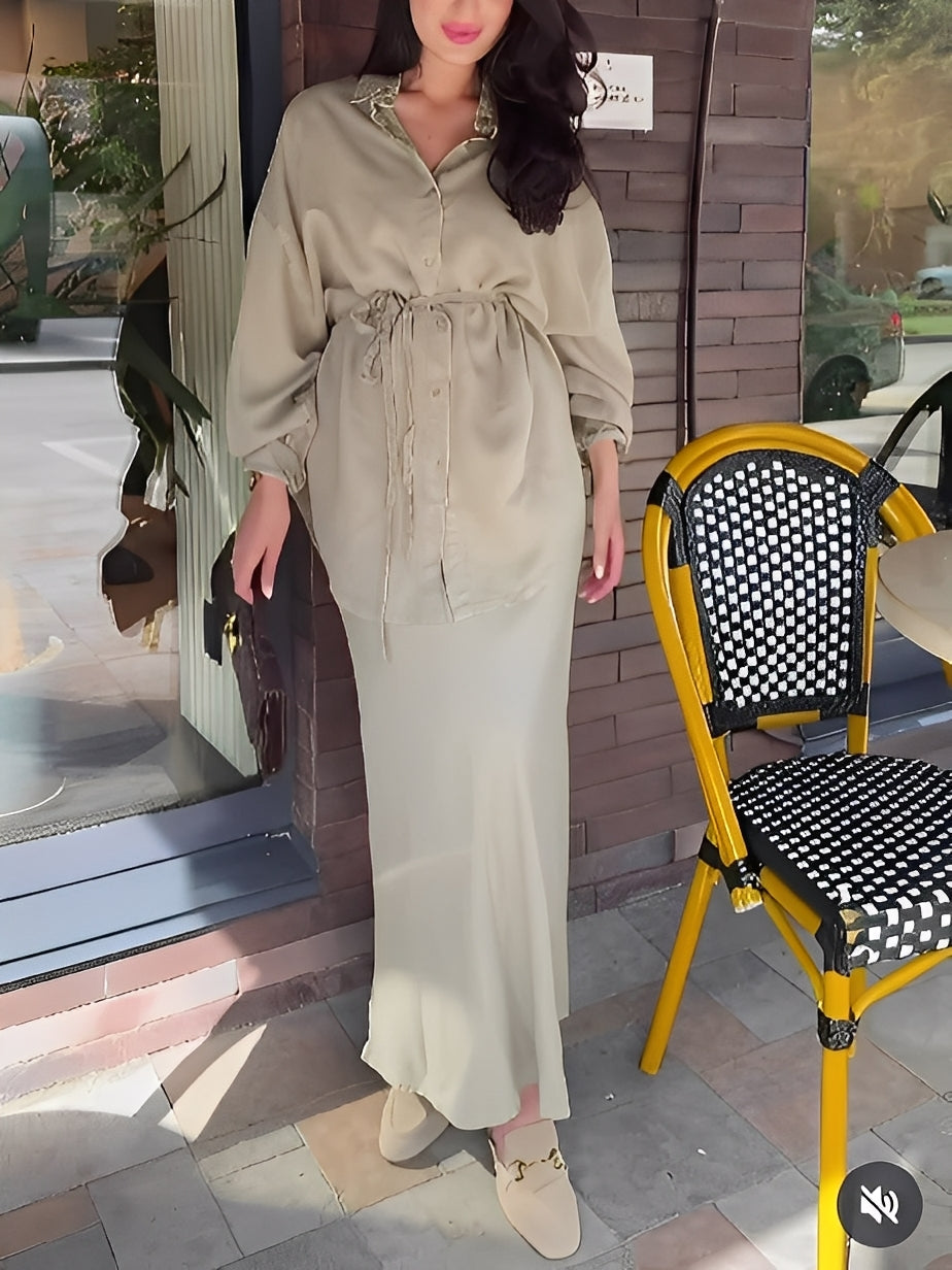 Women's Long-sleeved Tie-Drawstring Shirt and Skirt Set