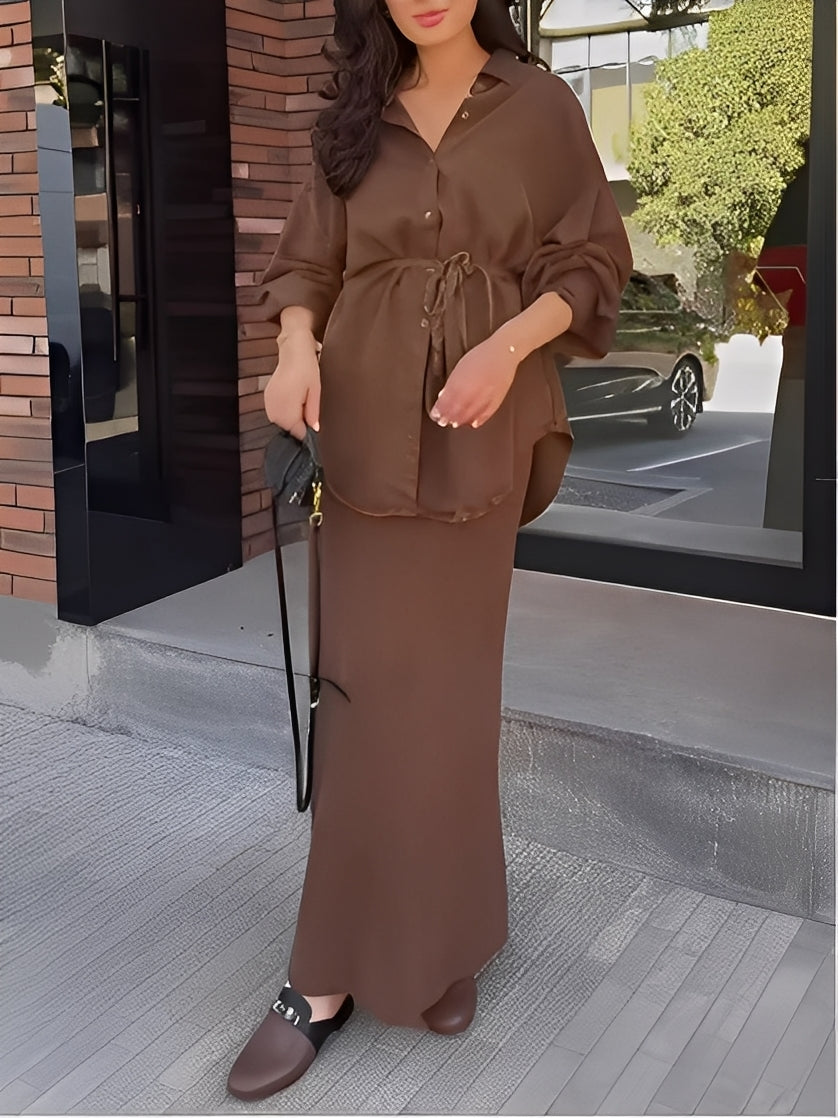 Women's Long-sleeved Tie-Drawstring Shirt and Skirt Set