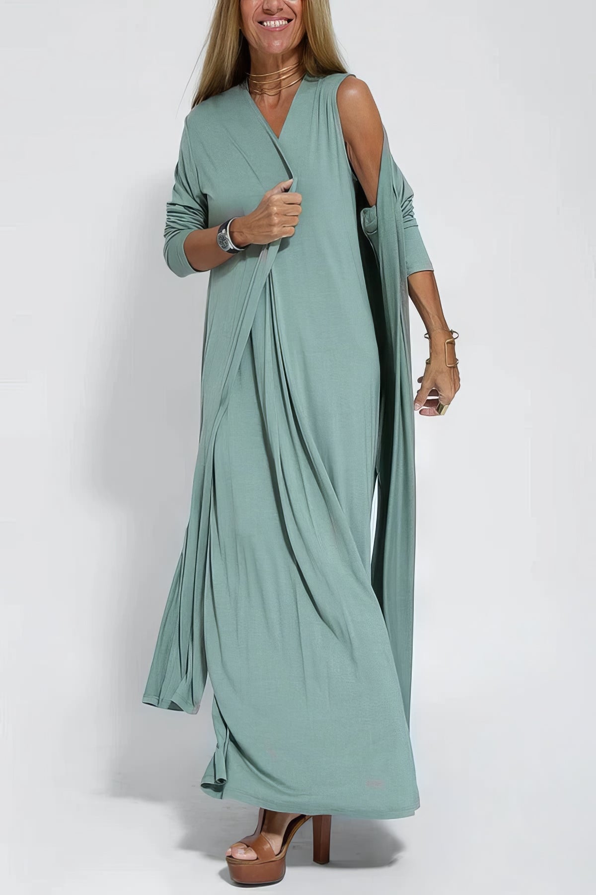 Women's Elegant Long Dress with Coordinated Cardigan