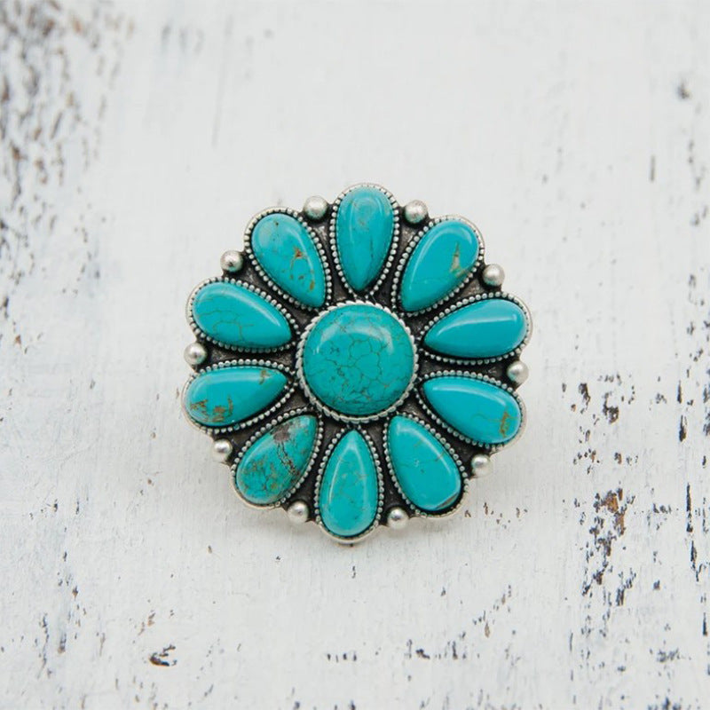 Women's Turquoise Alloy Flower Ring