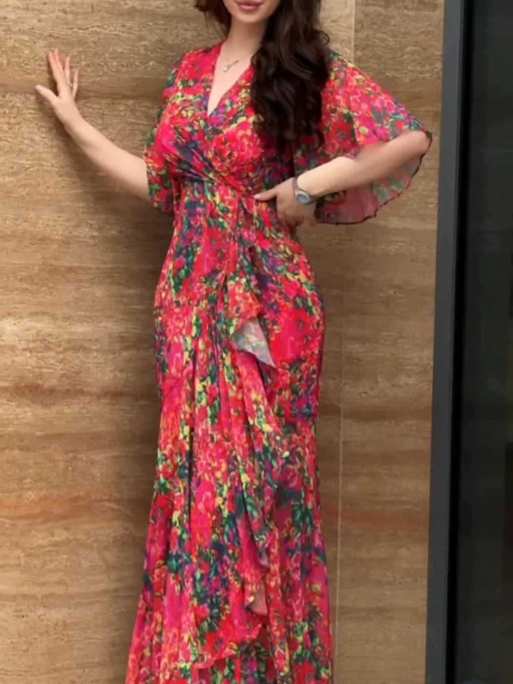 Women's Retro V-neck trumpet sleeve printed dress