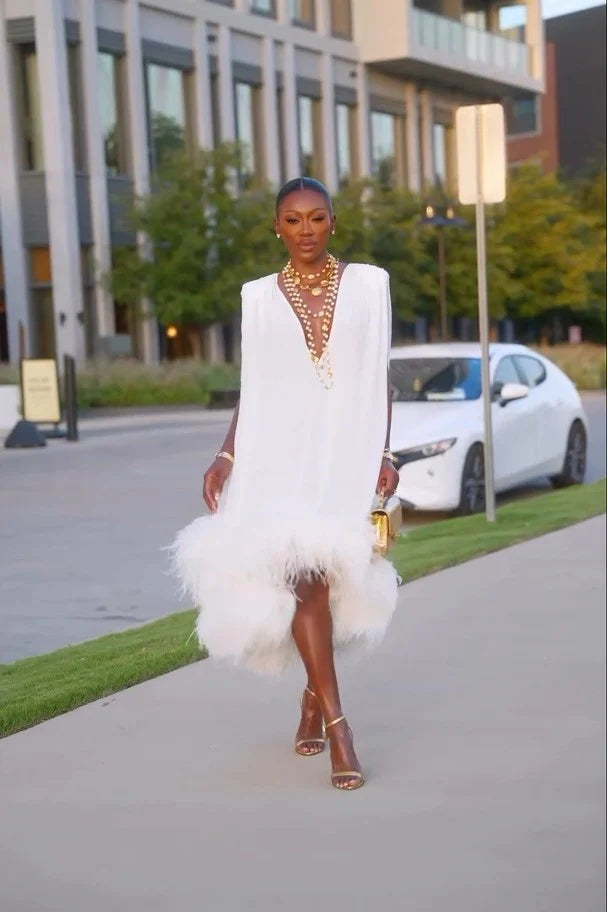 Women's Elegant Sleeveless Feather Hem Midi Dress