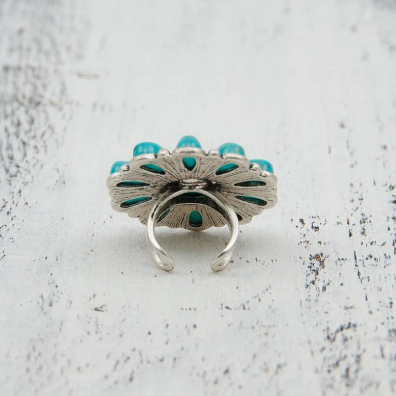 Women's Turquoise Alloy Flower Ring