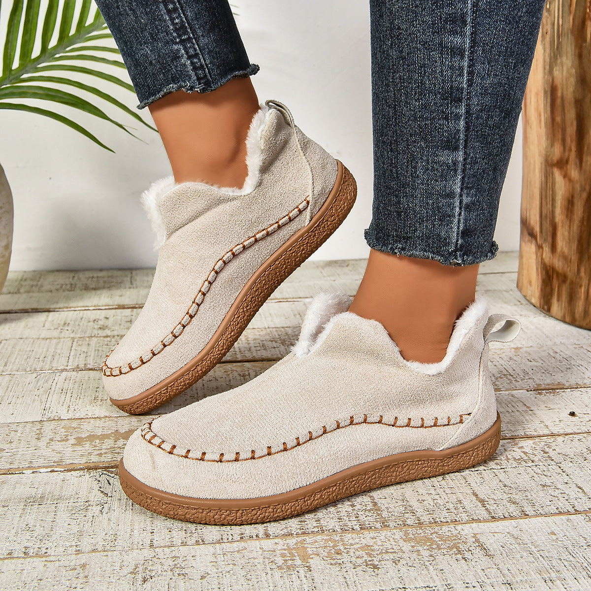 Women's Warm Fur Lined Slip-On Ankle Boots with Anti-slip Thick Sole