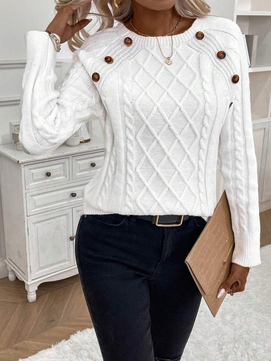 Women's Button-Detail Cable Jumper