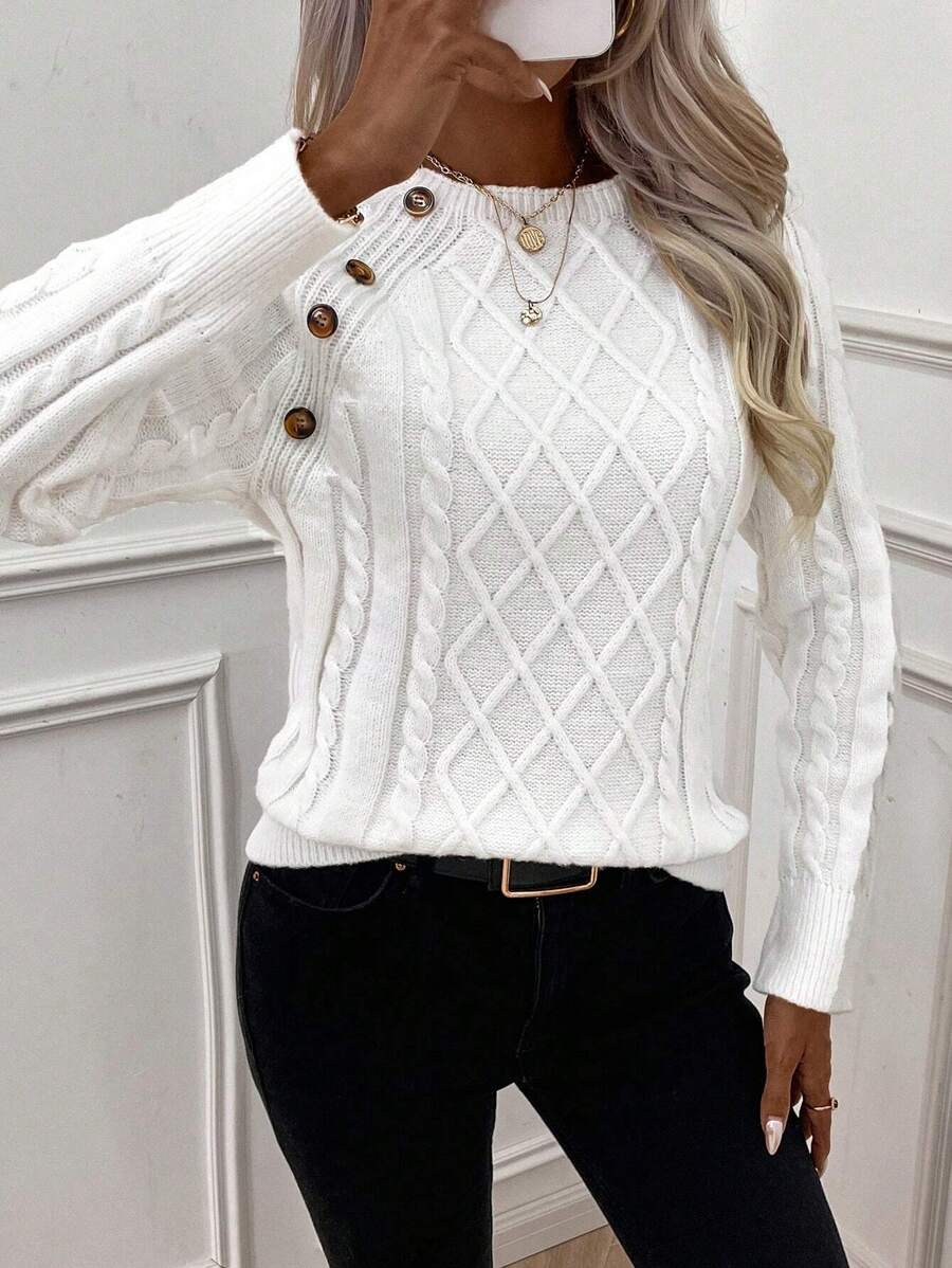 Women's Button-Detail Cable Jumper