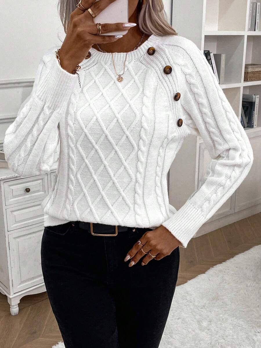 Women's Button-Detail Cable Jumper