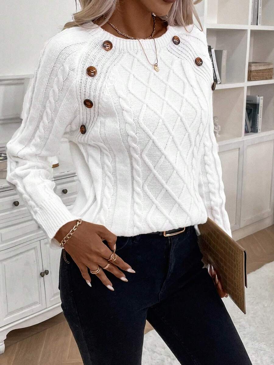 Women's Button-Detail Cable Jumper