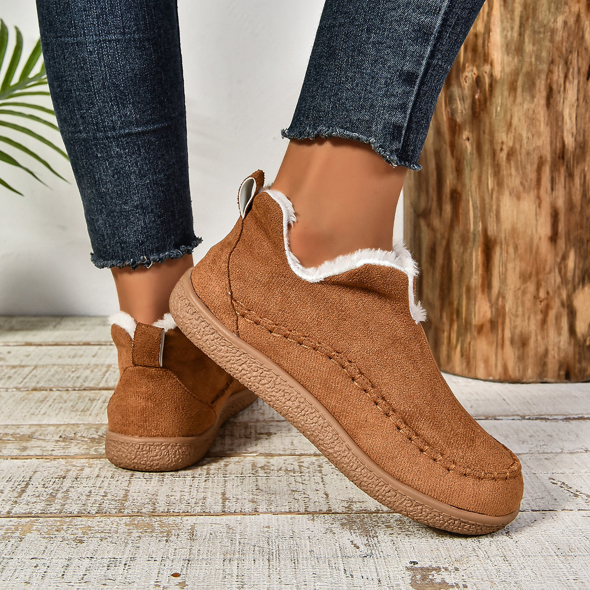 Women's Warm Fur Lined Slip-On Ankle Boots with Anti-slip Thick Sole