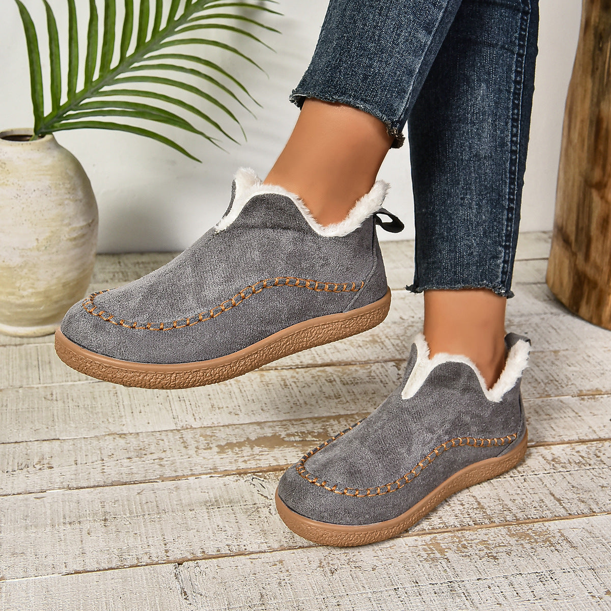 Women's Warm Fur Lined Slip-On Ankle Boots with Anti-slip Thick Sole