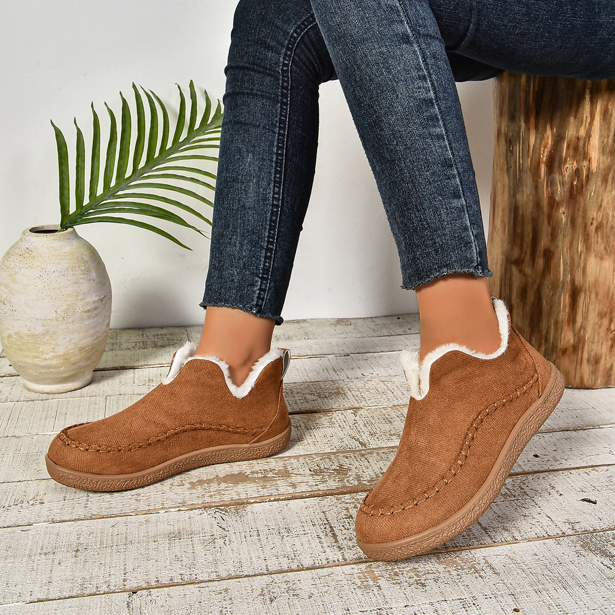 Women's Warm Fur Lined Slip-On Ankle Boots with Anti-slip Thick Sole
