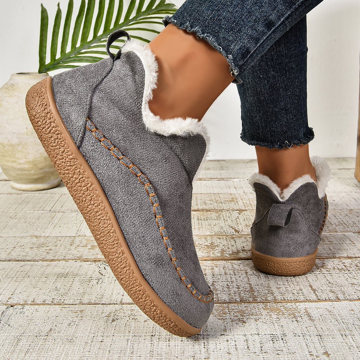 Women's Warm Fur Lined Slip-On Ankle Boots with Anti-slip Thick Sole
