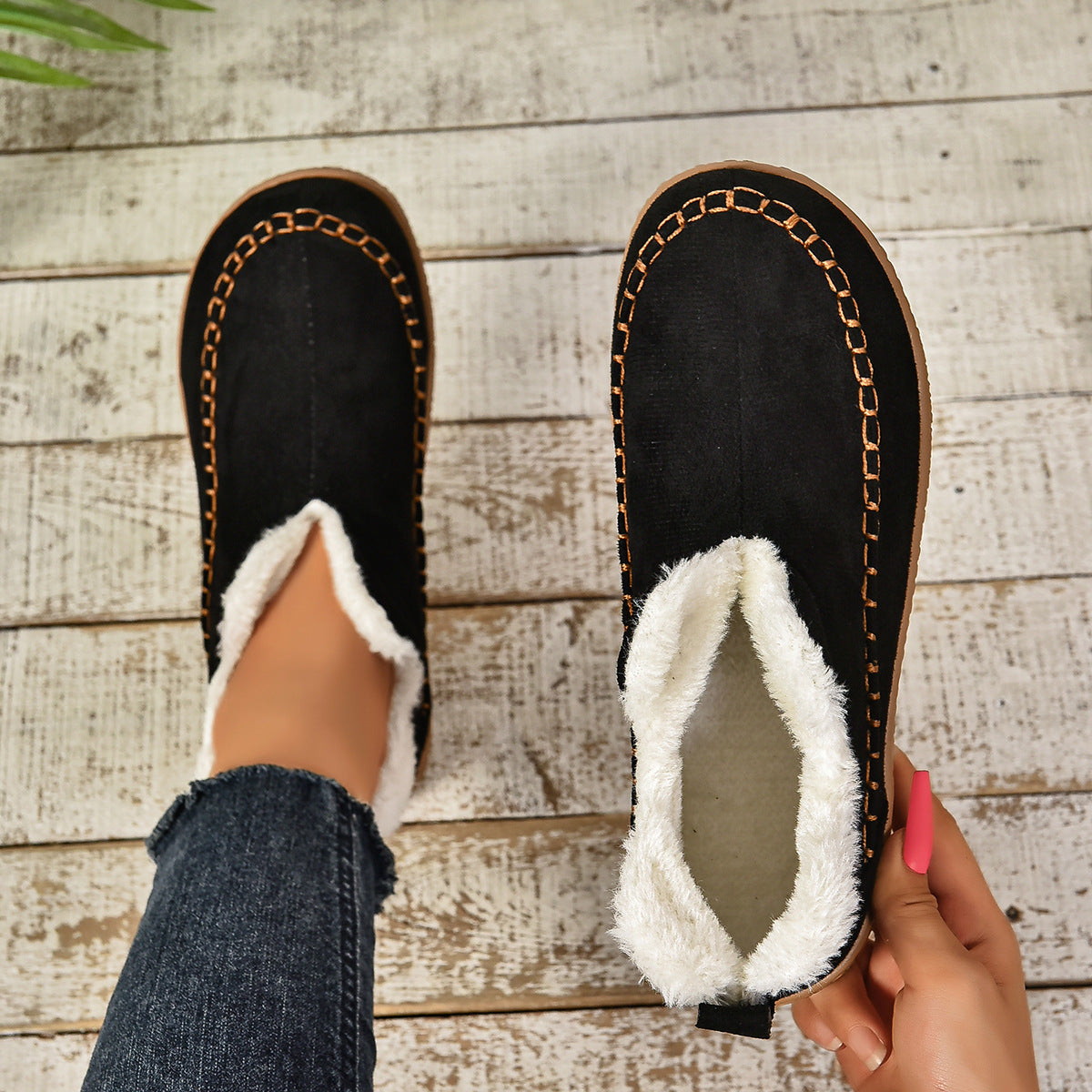 Women's Warm Fur Lined Slip-On Ankle Boots with Anti-slip Thick Sole