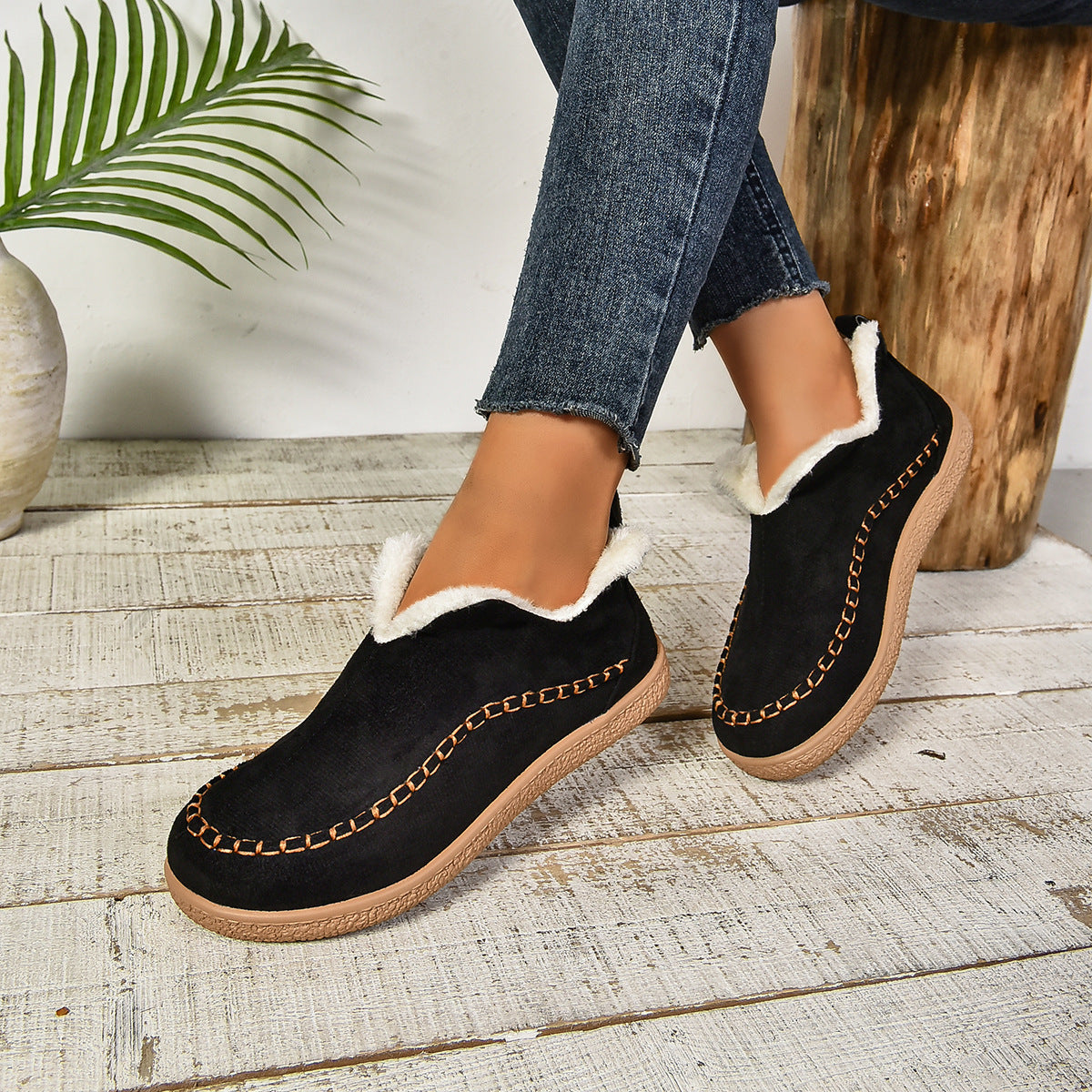 Women's Warm Fur Lined Slip-On Ankle Boots with Anti-slip Thick Sole