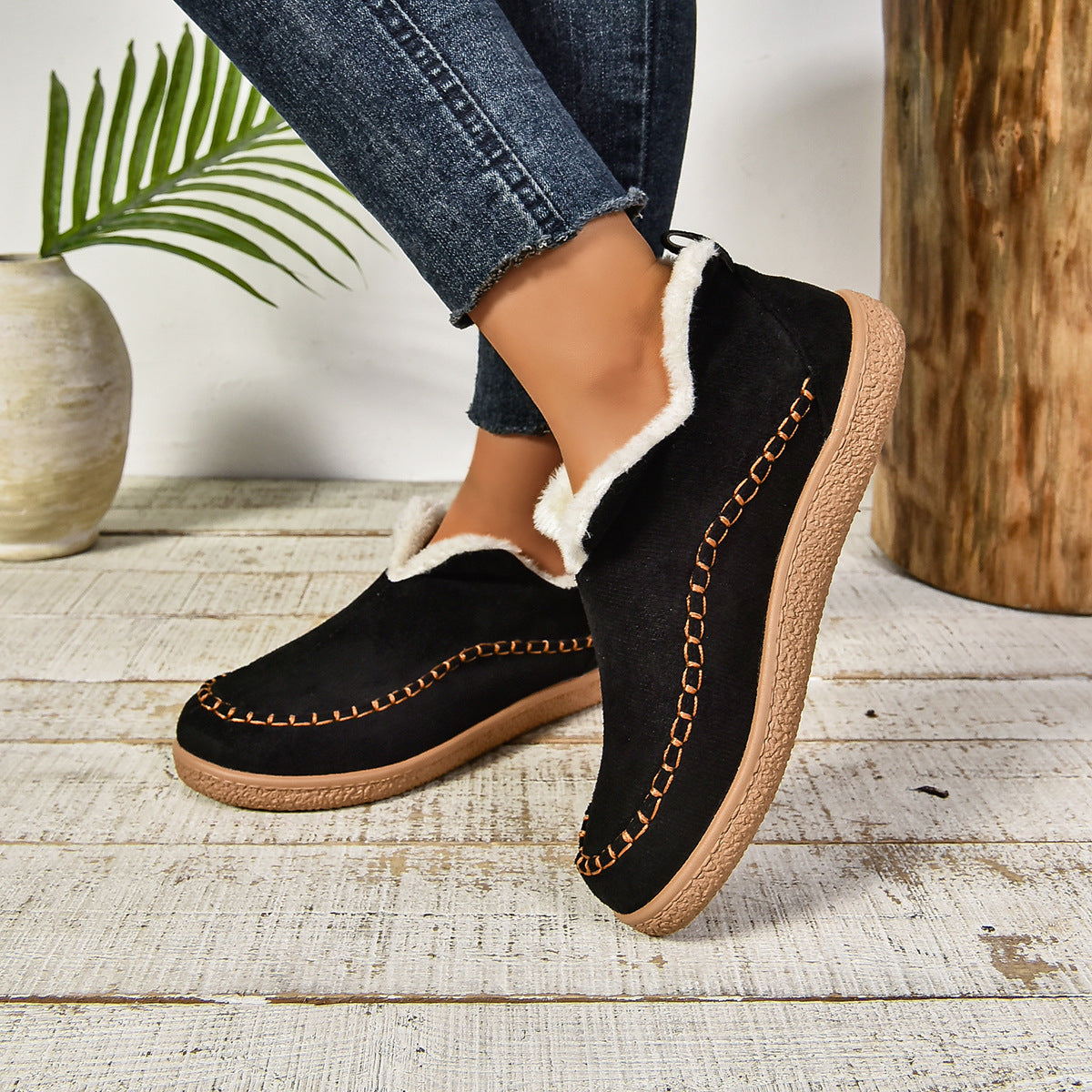 Women's Warm Fur Lined Slip-On Ankle Boots with Anti-slip Thick Sole