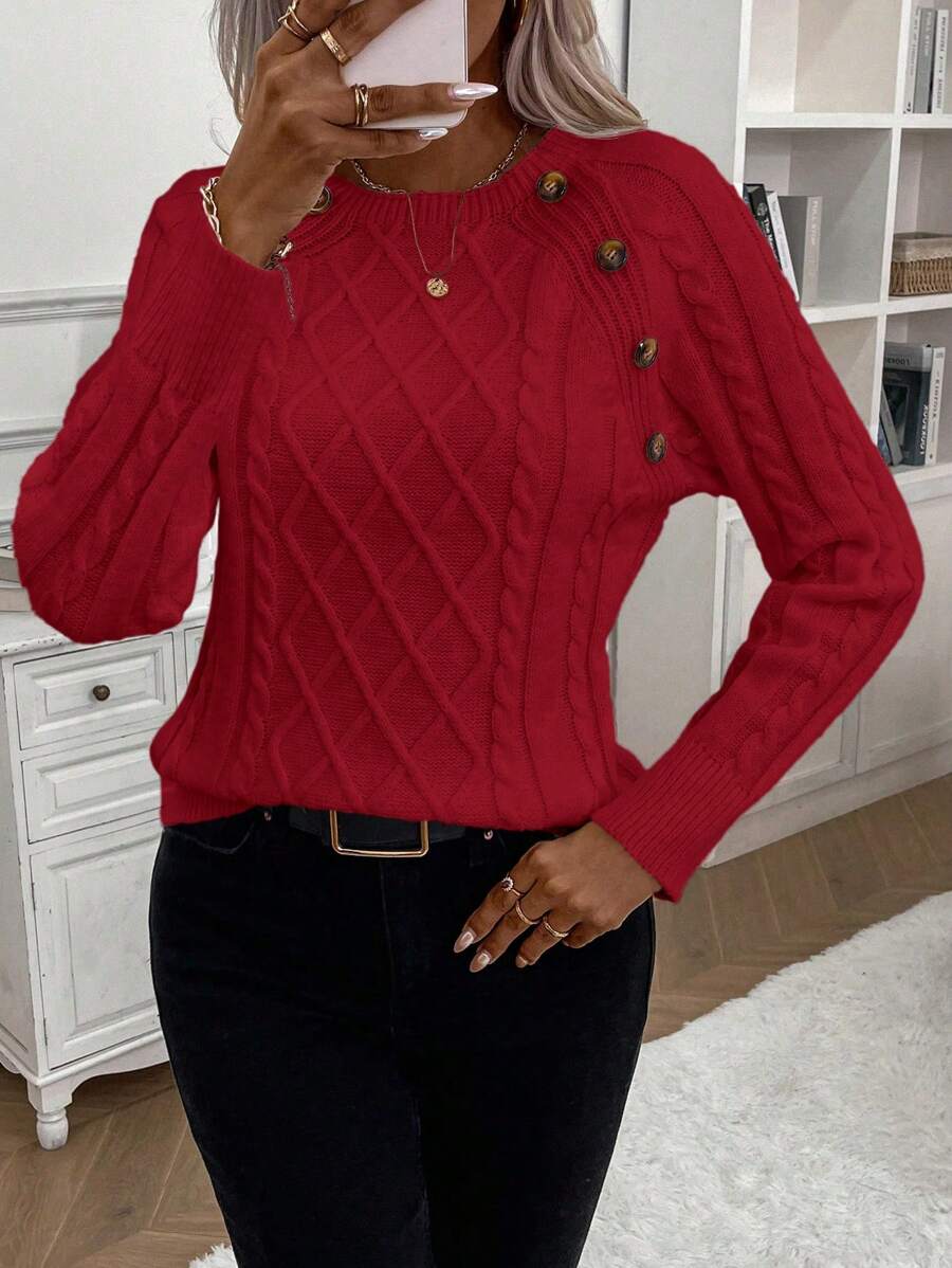 Women's Button-Detail Cable Jumper