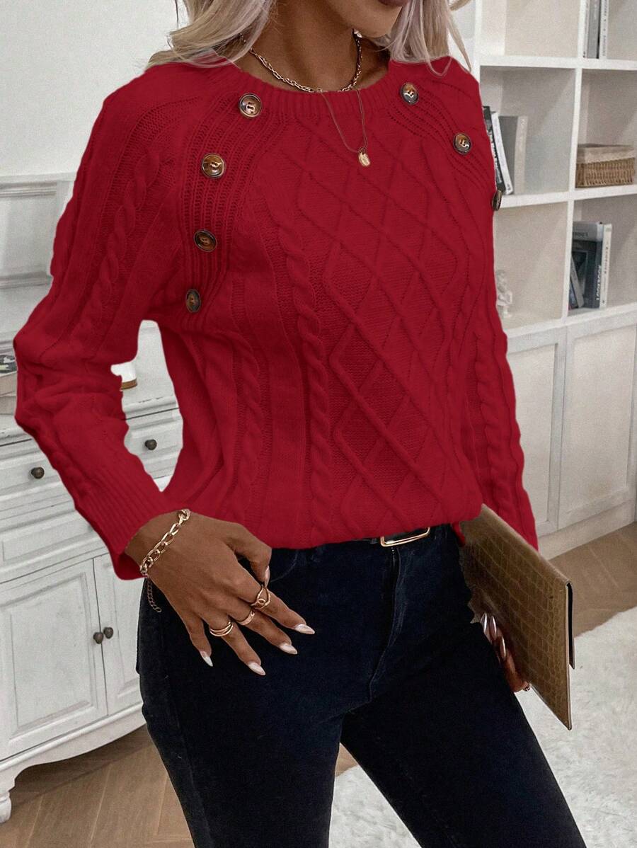 Women's Button-Detail Cable Jumper