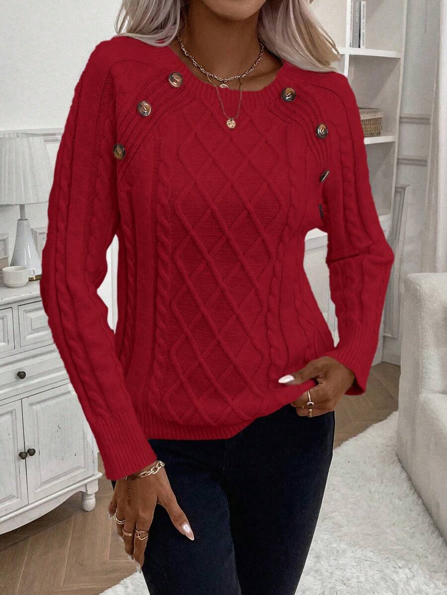Women's Button-Detail Cable Jumper