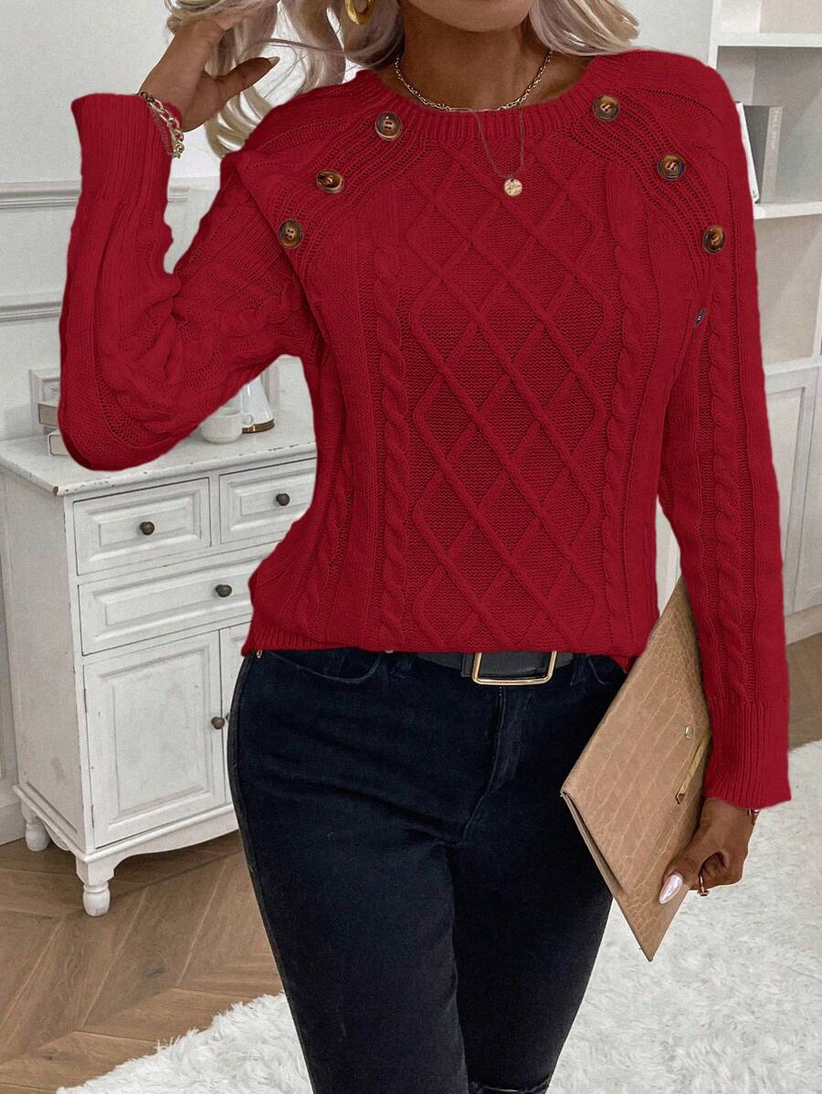 Women's Button-Detail Cable Jumper