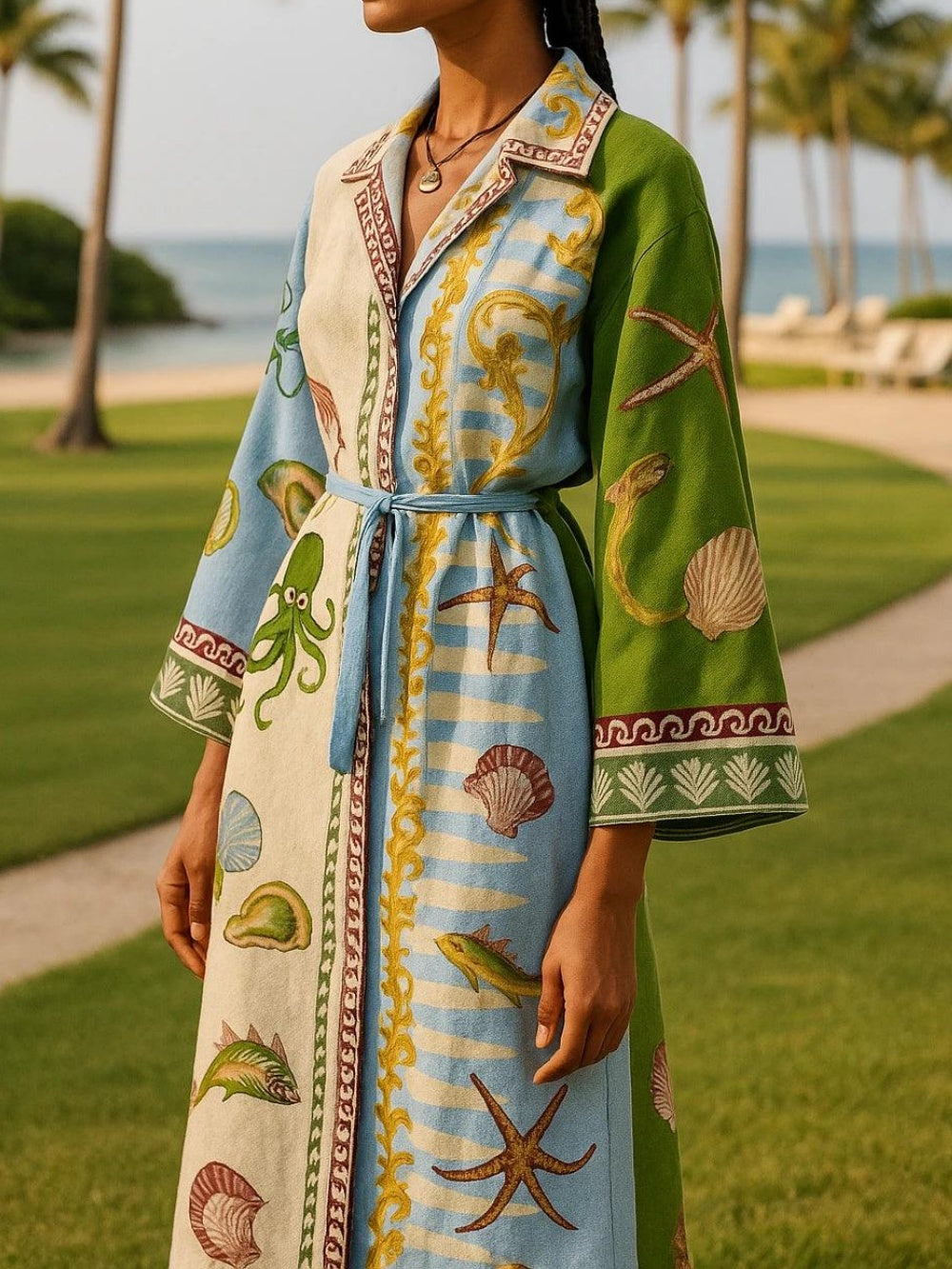 Women's Belted Printed Midi Shirt Dress