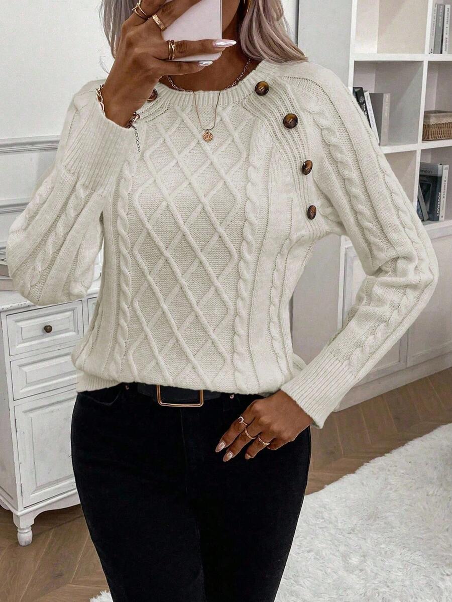 Women's Button-Detail Cable Jumper