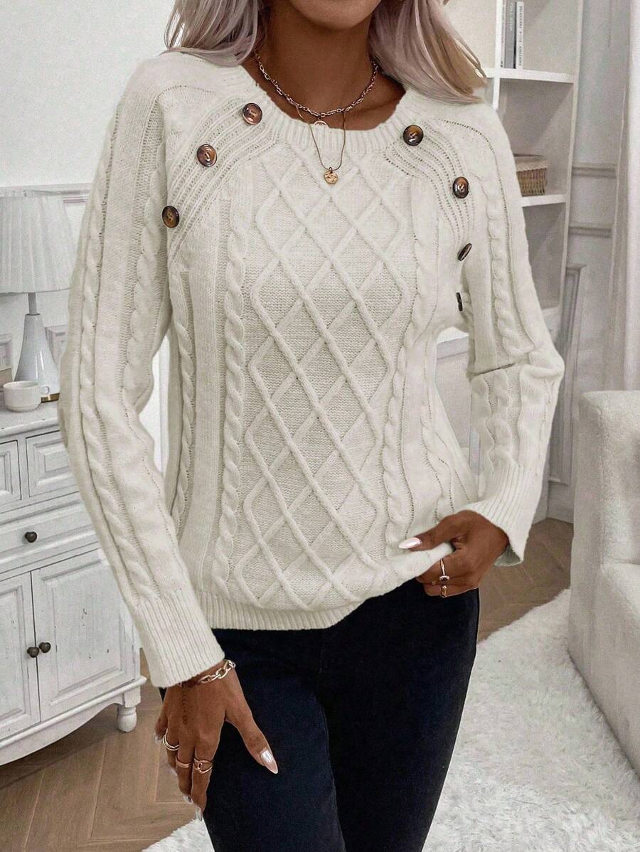 Women's Button-Detail Cable Jumper