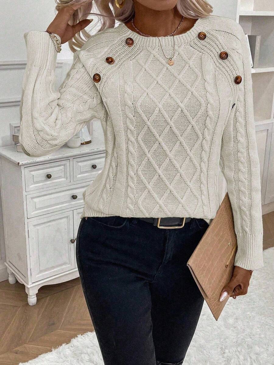 Women's Button-Detail Cable Jumper