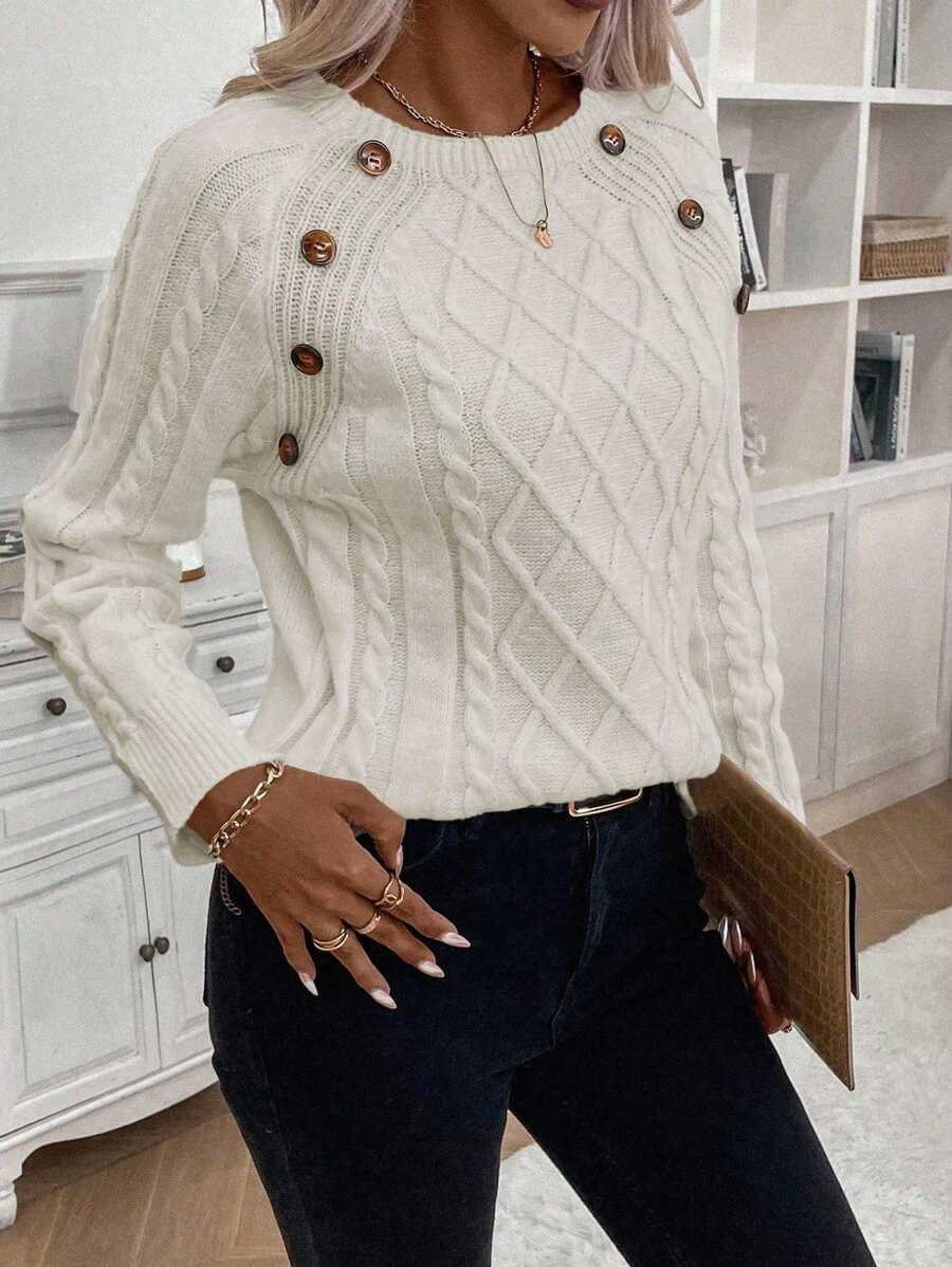 Women's Button-Detail Cable Jumper