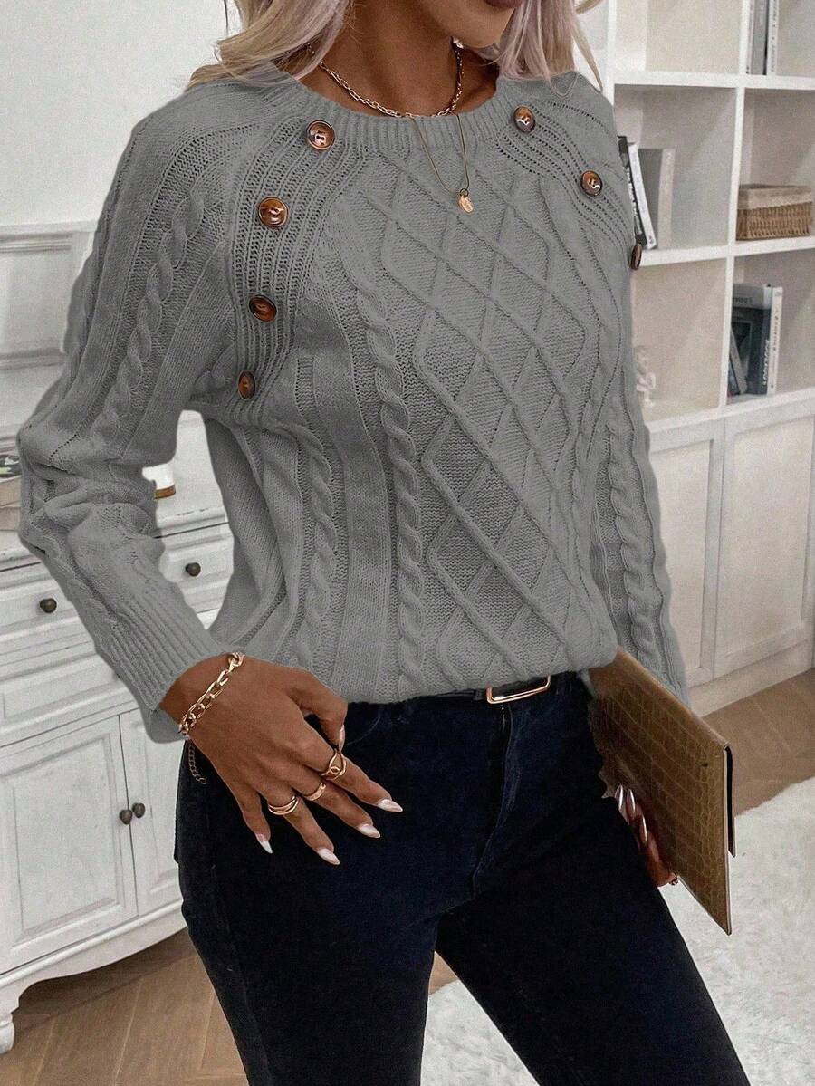 Women's Button-Detail Cable Jumper