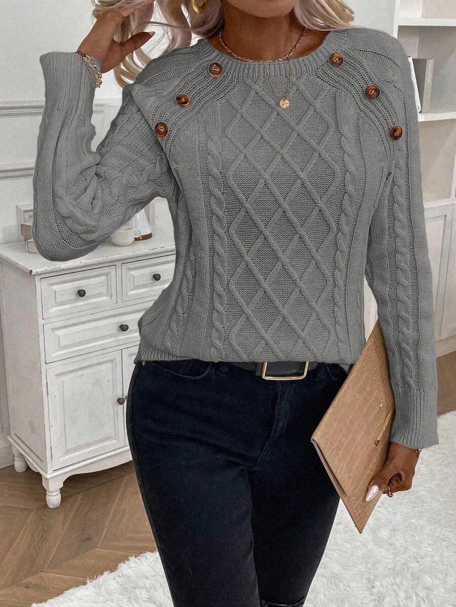 Women's Button-Detail Cable Jumper