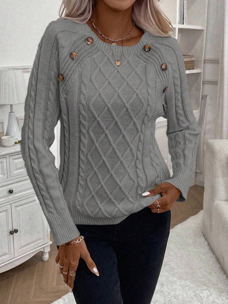 Women's Button-Detail Cable Jumper